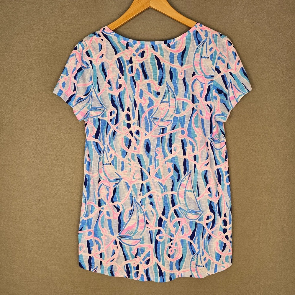 Lilly Pulitzer 100% Cotton VNeck Tee Top Womens M Lightweight Nautical Pink Blue - Picture 2 of 10
